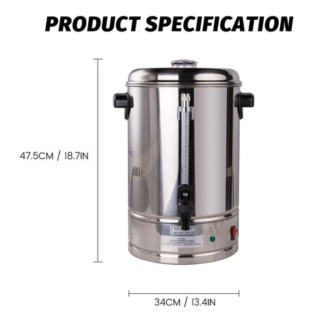 65-Cup Commercial Coffee Urn With 10.5 Qt Capacity, 1250W Stainless Steel Percolator front view with dimensions shown