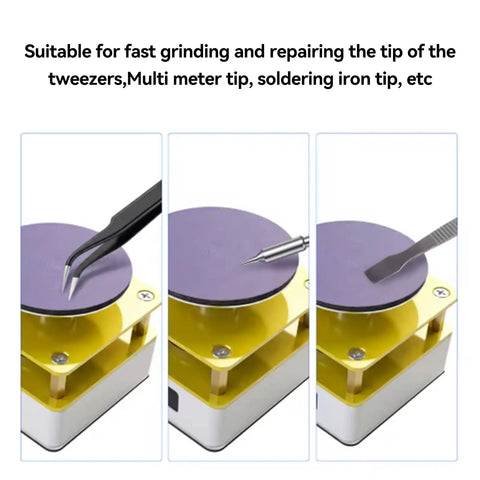Pro Tier Mini Grinding Machine Featuring Digital Display And 10000 Rpm Speed For Polishing Tweezers Soldering Tips Jewelry And Precision Hobby Parts, showing various tools being ground.