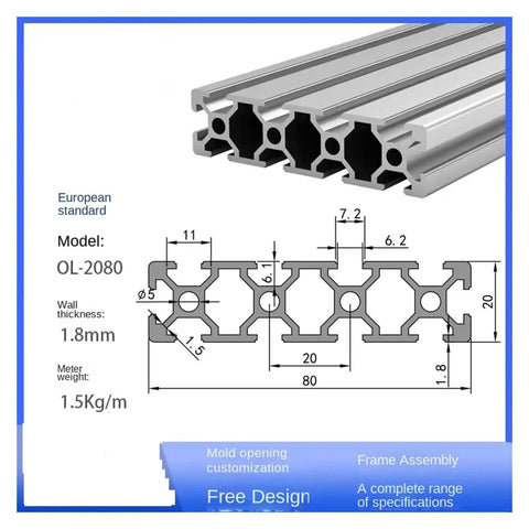 Heavy Duty 2080 T Slot Aluminum Profile Extrusion Linear Rail For Cnc Rigs And 3D Printer Frames, with dimensions for accuracy.
