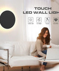 Modern Black Touch Sensor LED Wall Sconce 10W 3000K hardwired indoor light in a living room with woman using laptop