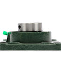 Side view of Beefy Heavy Duty Self Aligning Pillow Block Bearing UCF208 24 1.5 Inch 4 Bolt With Seat Bearing in cast iron housing.