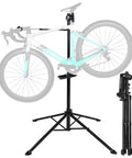 Beast Bike Repair Stand Up To 66 Lbs Aluminum Alloy Portable Home Shop Maintenance Stand supporting a road bike, folded view included