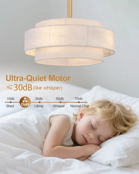 XINGSIYUELYX Ceiling Fan with Light featuring an ultra-quiet motor, shown above a sleeping child, in a cozy setting.