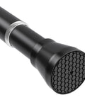 Close-up of black end cap on Adjustable Tension Curtain Rods 28 To 48 Inches No Drill Install Black Expandable Spring Rod.