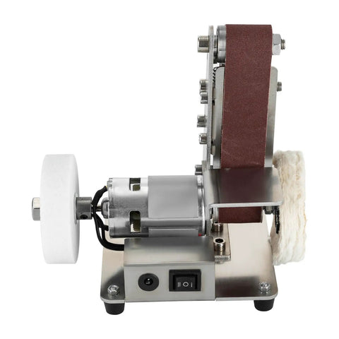 Smooth Operator Mini Belt Sander And Bench Grinder With Variable Speed Dial, showcasing angled design for woodworking and metal buffing.