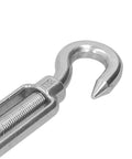 Close-up of Heavy Duty Stainless Steel Cable Turnbuckle Tensioner Rust Proof Industrial Wire Rope Tightener Adjustable M16 Thread.
