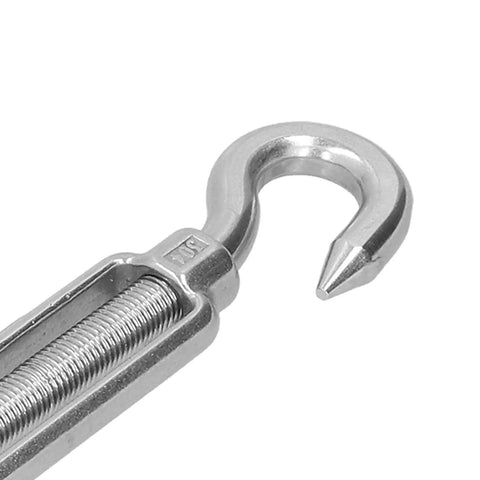 Close-up of Heavy Duty Stainless Steel Cable Turnbuckle Tensioner Rust Proof Industrial Wire Rope Tightener Adjustable M16 Thread.