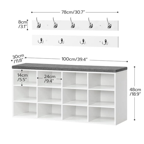 Shoe Storage Bench With Cushion 39 Inch Entryway Bench With 12 Cubbies And Coat Rack Hall Tree Style Storage Cabinet For Hallway White Finish Holds Up To 330 Lb