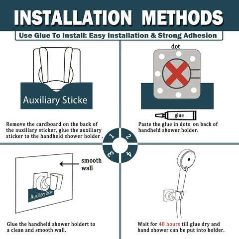 Installation instructions for All Metal Brass Handheld Shower Wand Bracket With Adhesive Wall Mount Black Finish Rust Proof 360 Degree Rotation.