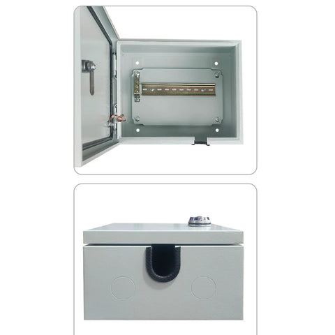 Industrial waterproof junction box with open lid and side view, showcasing durable cold-rolled steel construction for outdoor electrical panels.