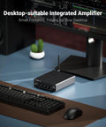 BT30D Pro Two Point One Channel Bluetooth Subwoofer Amplifier with TPA3255 chips on desk next to monitor and keyboard.