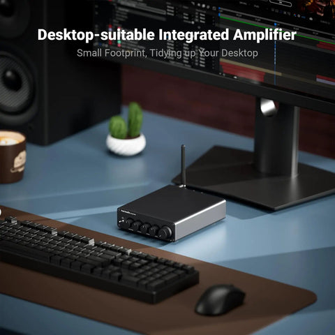 BT30D Pro Two Point One Channel Bluetooth Subwoofer Amplifier with TPA3255 chips on desk next to monitor and keyboard.