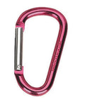 Close-up of a pink anodized aluminum snap D ring, part of a 12 Pack Colored Anodized Aluminum Snap D Ring Set with Four Sizes Spring Loaded Clips.