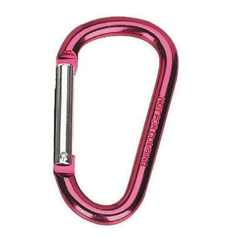 Close-up of a pink anodized aluminum snap D ring, part of a 12 Pack Colored Anodized Aluminum Snap D Ring Set with Four Sizes Spring Loaded Clips.
