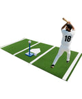 Baseball Hitting Mat 9.8 By 4.9 Feet Pro Grade Durable Batting Cage Turf with home plate and white lines, player swinging bat