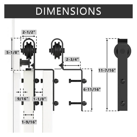 Dimensions of Heavy Duty Sliding Barn Door Hardware Kit For Bypass Double Doors with J-shaped hangers and roller track system.