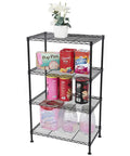 4 Tier Storage Racks Shelving System With Adjustable Wire Shelves, Heavy Steel Construction Built For Garage, Kitchen, Bathroom Or Office, Maximizes Space, Black Finish, Durable Steel Frame, Easy Assembly, Dimensions 20 W X 12 D X 32 H, black steel rack with assorted pantry items