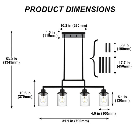 Dimensions of Dope Five Light Black Modern Chandeliers With Clear Glass Shades Industrial Pendant Lights shown.