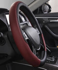 Rhombus Microfiber Leather Steering Wheel Cover Universal Fit For Car Suv Truck Van With Padded Sides And Slick Grip In Black And Burgundy, side view in car interior.
