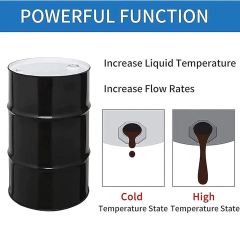 Defrost Any Freeze Quickly And Keep Your Thick Fluids Moving Smooth With This Heavy Duty Insulated Ibc Storage Tote Heater Featuring An Adjustable Temperature Heating Blanket For 275 Gallon Drums, showing a black drum with temperature indicators.