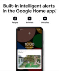 Smartphone displaying Nest Cam Outdoor Or Indoor Battery 2nd Generation 2 Pack alerts for people, pets, vehicles in Google Home app interface