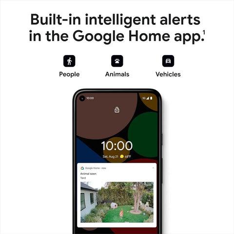 Smartphone displaying Nest Cam Outdoor Or Indoor Battery 2nd Generation 2 Pack alerts for people, pets, vehicles in Google Home app interface