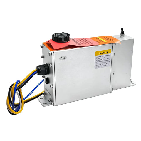 Heavy Duty Electric Over Hydraulic Marine Grade Trailer Brake Actuator 1600 Psi with wiring and caution label, suitable for boat trailers.