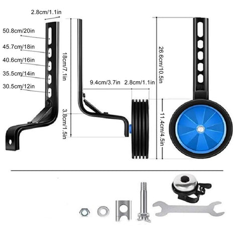 Bicycle Training Wheel Kit With Heavy Duty Support Bracket And Adjustable Wheel Design for safe home practice, parts displayed