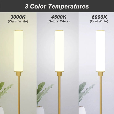 Gold Floor Lamp With Remote And Foot Switch, 360 Degree LED Light, showing different color temperatures, 3000K to 6000K.