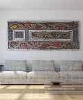 Floral Carved Barn Wood Door 71x34 Inch Rustic Farmhouse Entry Pantry Door Double Or Single Sliding Door No Glass No Hardware Ideal For Headboard Wall Art Decor displayed above a sofa in a living room.
