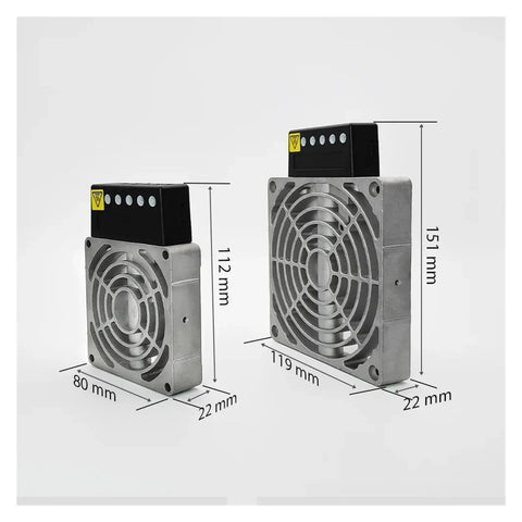 Compact Cast Aluminum Electric Air Heater With Industrial Distribution Box 100 To 200 Watt 220 Volt dimensions shown from side view.