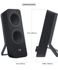 Bluetooth 2.0 Desktop Speakers With 3.5mm Aux Cable, Seamless Easy Switch Audio Across Devices, Rich Stereo Sound For PC And Laptop shown with dimensions.