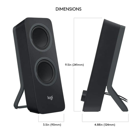 Bluetooth 2.0 Desktop Speakers With 3.5mm Aux Cable, Seamless Easy Switch Audio Across Devices, Rich Stereo Sound For PC And Laptop shown with dimensions.