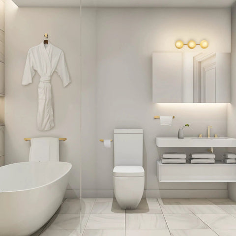 Matte Brass All-In-One 5-Piece Bathroom Set With 20-Inch 3-Light Vanity Light, Towel Bar, Towel Ring, Toilet Paper Holder, Robe Hook - Over-Mirror Powder Room Lighting With Grandmillennial Vibe