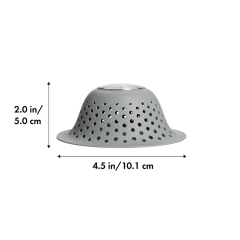 Silicone Shower And Tub Drain Protector Hair Debris Catcher With Tall Domed Design, dimensions shown 2 in x 4.5 in