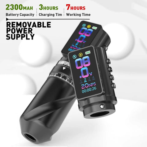 Cordless Tattoo Gun With 2300mAh Battery, Wireless Tattoo Machine with smart display showing settings, black aluminum frame