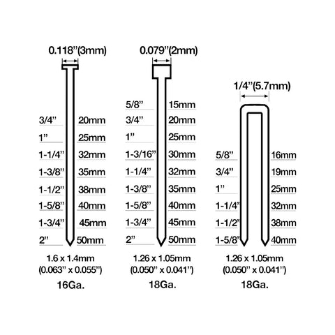 Diagram showing nail and staple sizes for G2XL31 Second Gen Pneumatic 3 In 1 Finish Nailer And Stapler For 16 And 18 Gauge