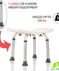Adjustable Shower Chair With Free Grab Bar For Inside Shower And Tub Plastic Bath Seat features 7-level height adjustment, 300 lb capacity.
