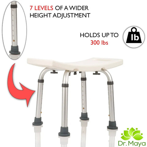 Adjustable Shower Chair With Free Grab Bar For Inside Shower And Tub Plastic Bath Seat features 7-level height adjustment, 300 lb capacity.