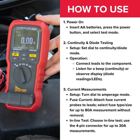 Automotive Digital Multimeter With 80 Amp Fuse Test You Can Do Without Removal held in hand, instructions visible.