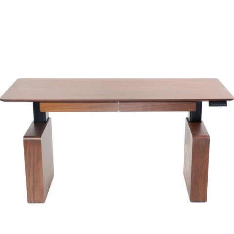 Top Shelf Executive Sit Stand Desk Rich Walnut Top With Generous 71 By 30 Surface Built In Drawers Power Outlet Cable Management Ergonomic Height Adjust Workstation Heavy Hitter Setup side view