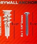 Hella Heavy Duty Drywall Anchors And Screws Kit 20 Pack Self Drilling Wall Plugs With Killer Rib Design supporting 75 Pounds Load, showing 1.5" plastic anchors and 1.25" screws.