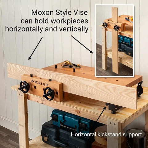 Handy Bench Portable Woodworking Workbench With Moxon Vise showing horizontal kickstand support and solid beech benchtop