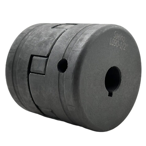 Close-up of Flexible 3-Piece L-Jaw Coupling Set With Rubber Spider For Log Wood Splitter, L090 From 1/2 Inch To 1 Inch Bore, Cast Iron