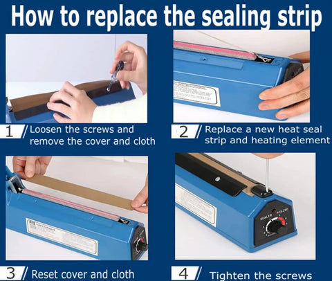 Step-by-step guide to replace sealing strip on 8 Inch Impulse Heat Sealer For Plastic Bags Manual Tabletop Sealer With Adjustable Temperature No Warm Up Instant Use Lightweight Portable For PE And PP Bags Includes Extra Replacement Element And Easy Grip