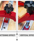 Aluminum T Track Hold Down Clamp For Woodworking in red, showing flattening and vertical effects with strong clamping force.