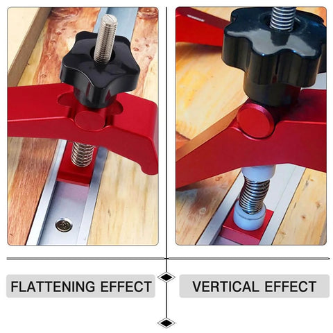 Aluminum T Track Hold Down Clamp For Woodworking in red, showing flattening and vertical effects with strong clamping force.