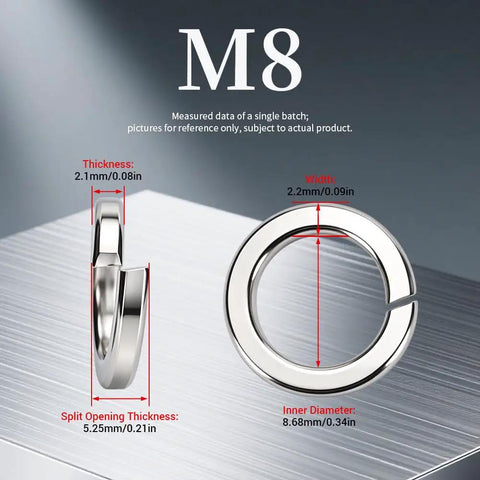 Big 1200Pcs M8 201 Stainless Steel Spring Lock Washers Set for Industrial and DIY Projects, Rust Resistant and Heat Proof, Inner Diameter 0.342in, Thickness 0.083in, Wide 0.087in, Opening 0.207in, Strong Elastic Locking Force, M8 washer size diagram