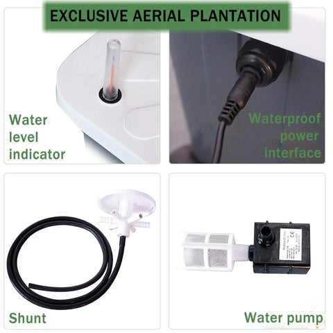 Components of Hydroponics Tower Indoor Growing System Vertical Garden Planter including pump and water level indicator.
