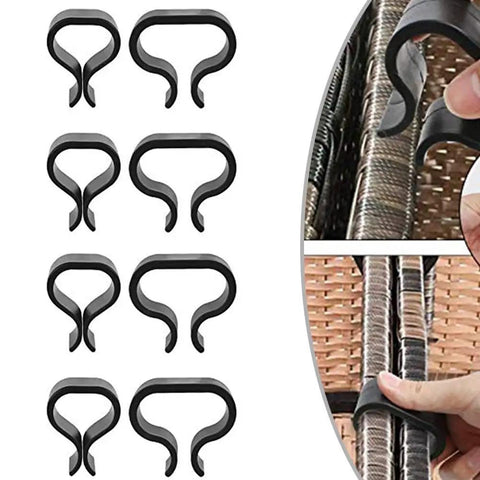 Non Slip Garden Furniture Clips For Rattan Chairs And Sectional Sofas High Heat Resistant Plastic Connectors To Stabilize Outdoor Patio Couch Modules Black 2 Sizes 4 Pieces, close-up view of installation on rattan furniture